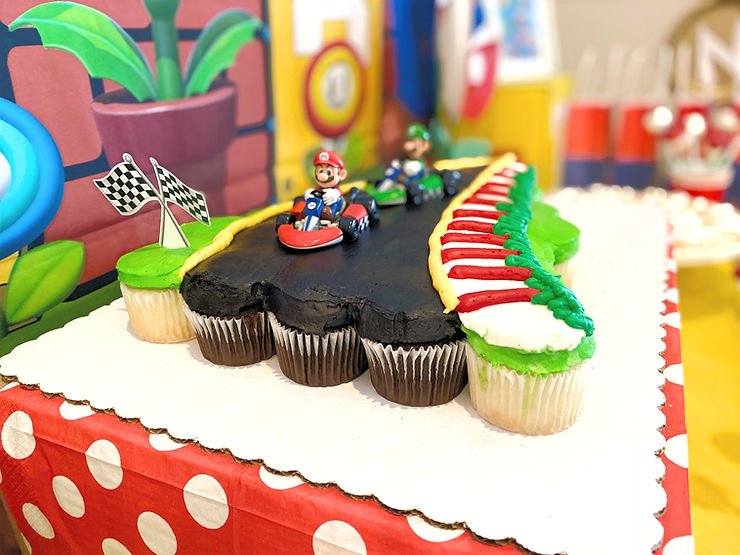 Mario-themed birthday party cupcake cake