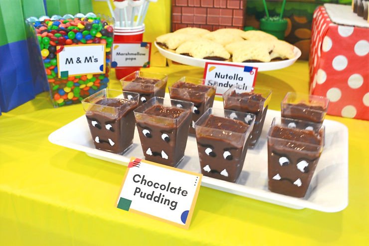 Goomba chocolate pudding cups for Mario themed party 