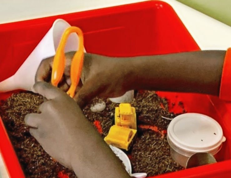 Add outdoor items to sensory bins that can help with stimulatory play