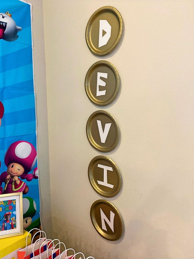 How to make golden coin name plates for Mario themed party  